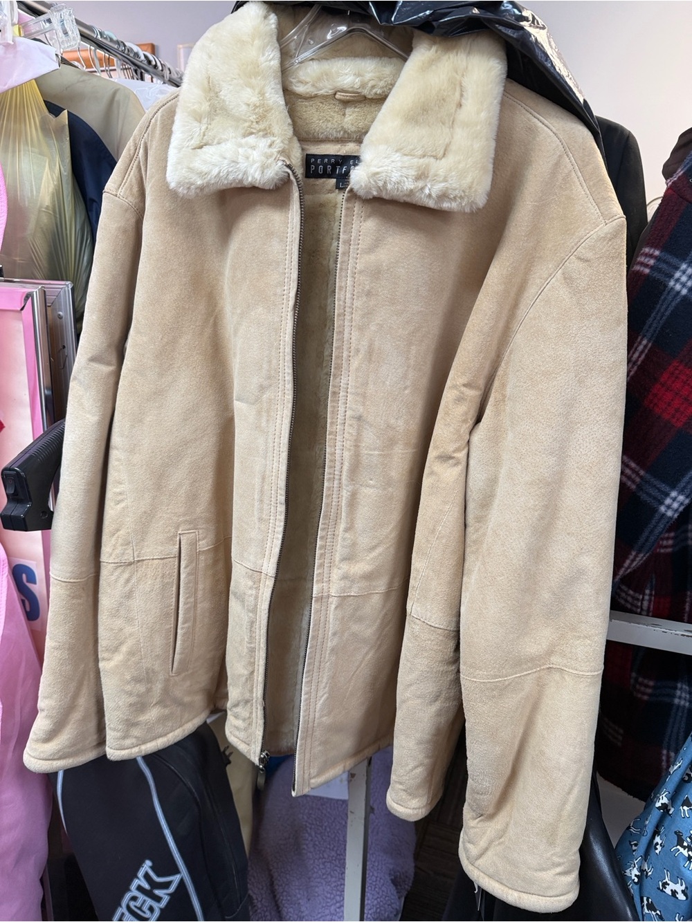 Perry Ellis Tan Suede Bomber Jacket with Cream Shearling Collar-Read description